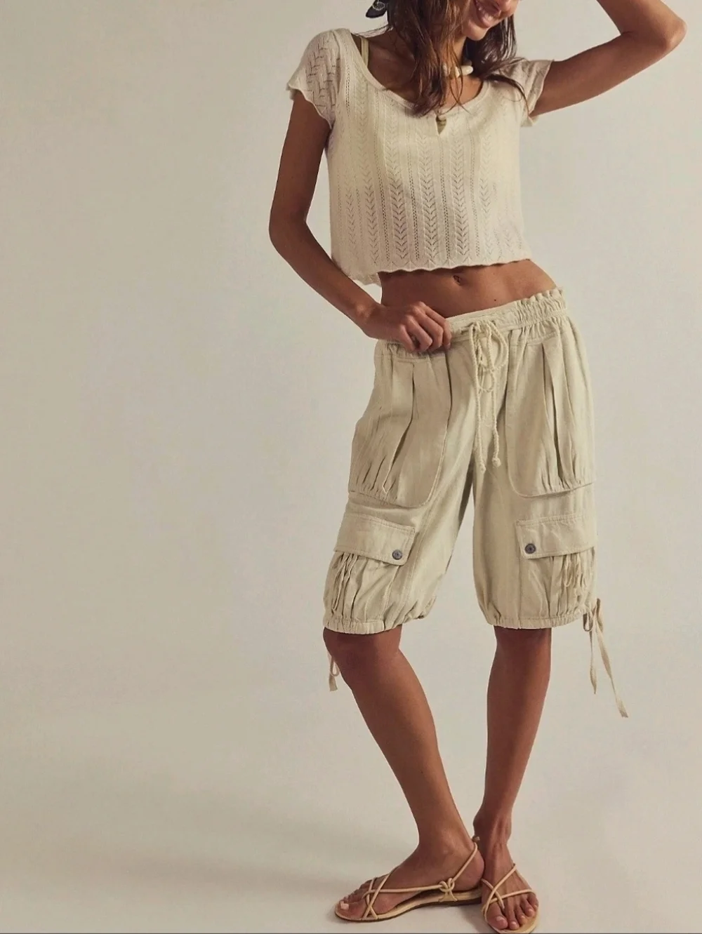 FREE PEOPLE Hera Cream Pointelle Knit Short Sleeve 100% Cashmere Sweater NWT